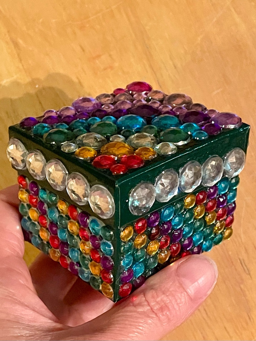 Handcrafted Rainbow Jeweled Trinket Box - Green Base